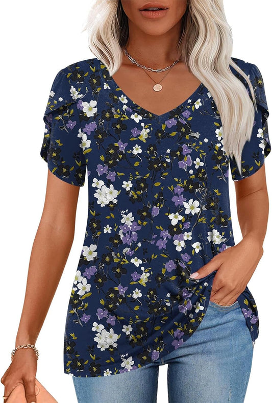 CATHY 2025 Womens Tops Summer Short Sleeve V Neck Tunic T-Shirts Blouse S-4XL