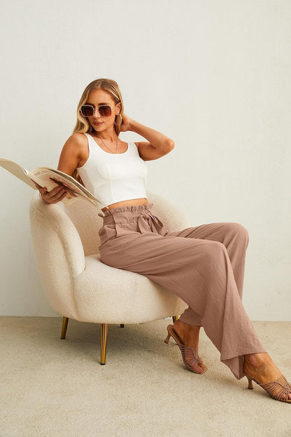 IWOLLENCE Women's Wide Leg Pants with Pockets High Waist Adjustable Knot Loose Casual Trousers Business Work Casual Pants