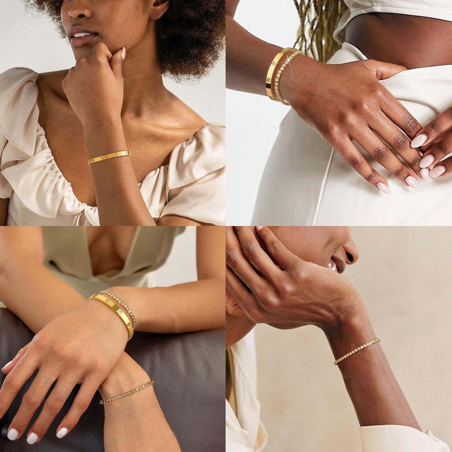 NEKVFO 18K Gold Plated Love Bracelet Set, Zircon Adjustable Bracelet Horseshoe Buckle Cable Bracelet, 3-Piece Women's Stackable Gold Bracelet Jewelry Set