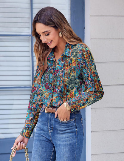 Zeagoo Button Down Shirts for Women Dressy Floral Printed Long Sleeve Blouse Business Casual Work Tops