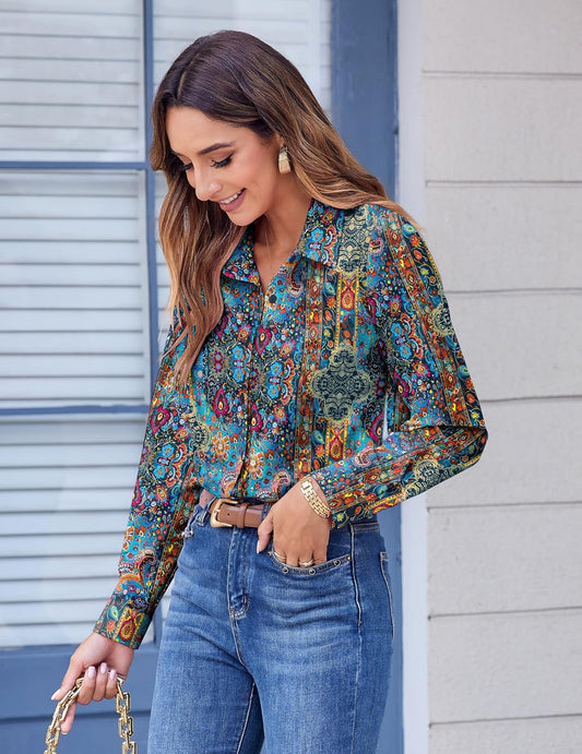 Zeagoo Button Down Shirts for Women Dressy Floral Printed Long Sleeve Blouse Business Casual Work Tops