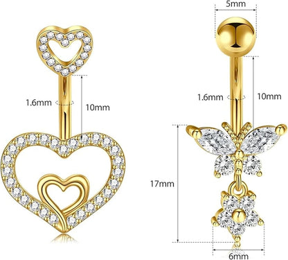 JIESIBAO 14G Belly Button Rings,316L Stainless Steel Heart CZ Navel Barbell Stud Jewelry Dangle Curved Navel Rings Heart Belly Ring Piercing for Women Men 10mm