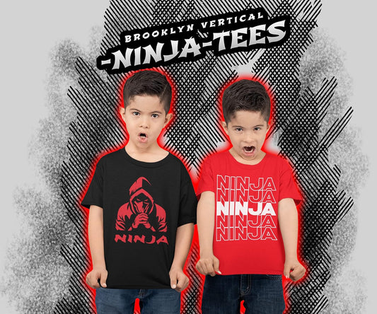 BROOKLYN VERTICAL 4-Pack Boys Ninja Short Sleeve Crew Neck T-Shirt with Chest Print | Soft Cotton Sizes 6-20