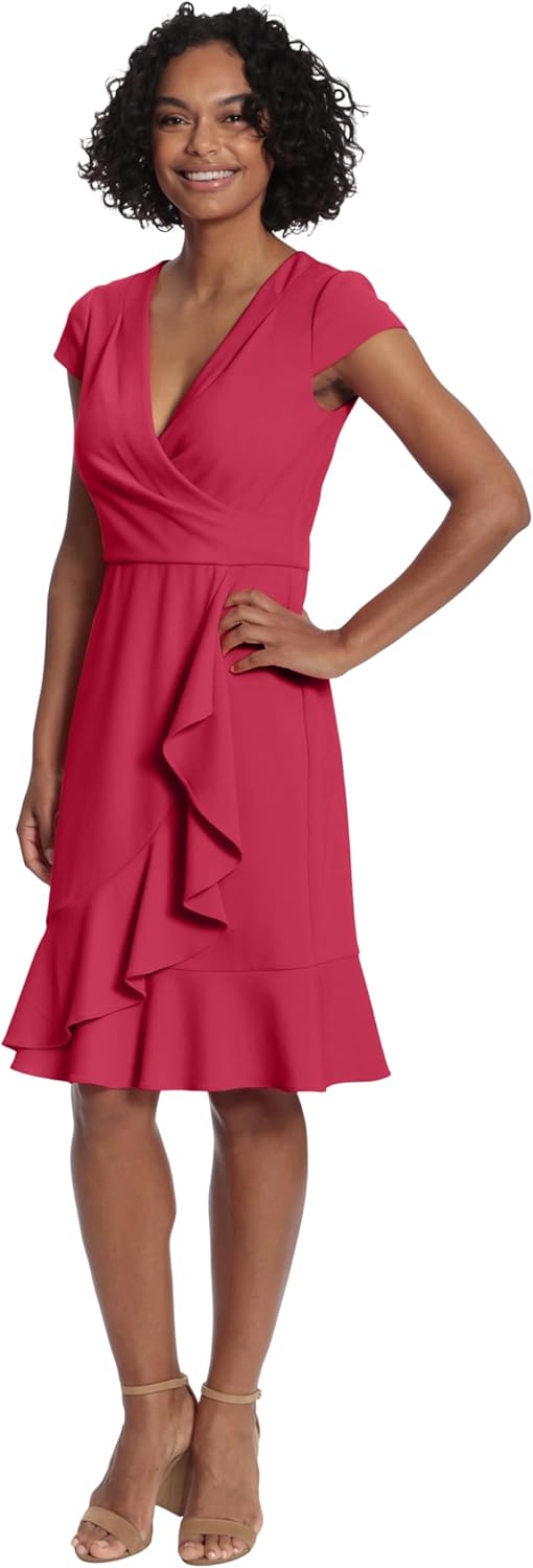 London Times Women's Dresses Feminine Ageless Surplice V-Neck Faux Wrap Ruffle Dress Office Event Shower Guest of