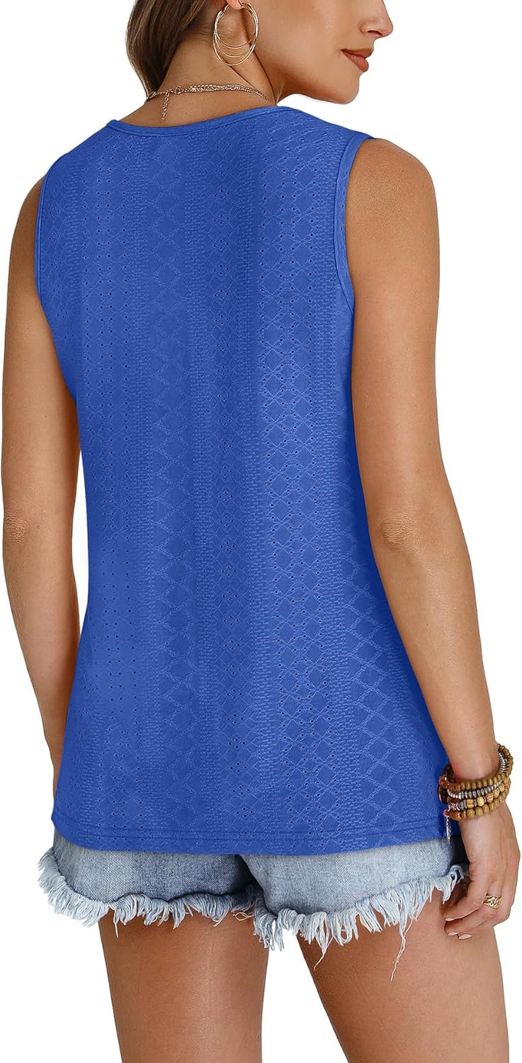 WIHOLL Tank Top for Women Summer Outfits V Neck T Shirts Trendy Eyelet Sleeveless Basic Beach Vacation Clothes