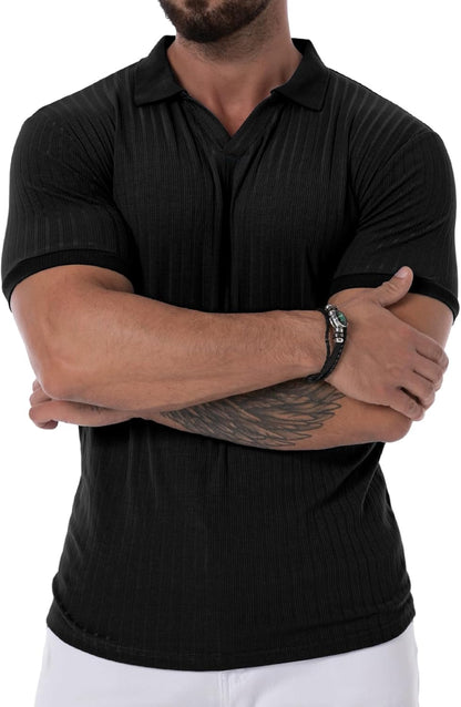 Askdeer Men's Muscle Polo Shirts V Neck Slim Fit Ribbed T Shirts Short/Long Sleeve Golf Collar Shirt Knit Casual Tee