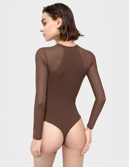 PUMIEY Mesh Long Sleeve Bodysuit for Women Crew Neck Body Suits Sexy Sheer Tops Smoke Cloud Collection