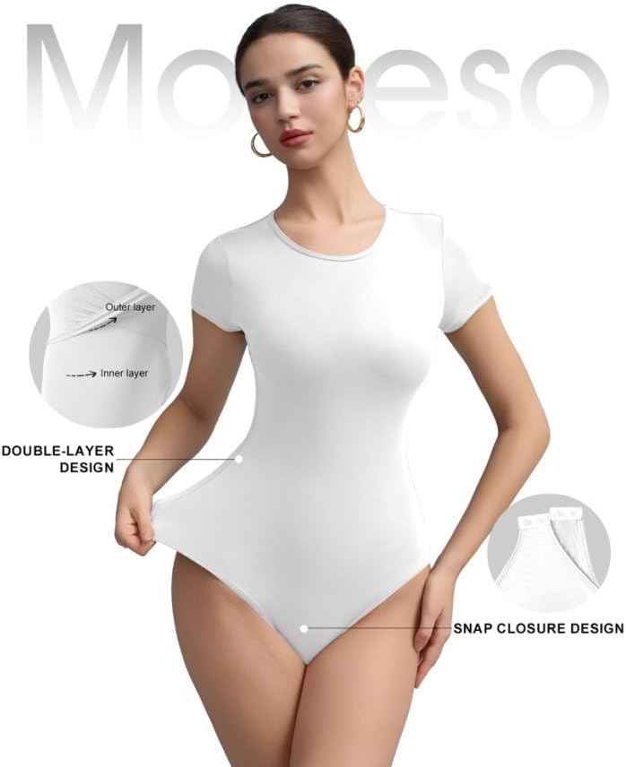 Women's Round Neck Short Sleeve Bodysuit Tops - Stretchy Casual Basic Double-Lined T-Shirt Body Suits for Women