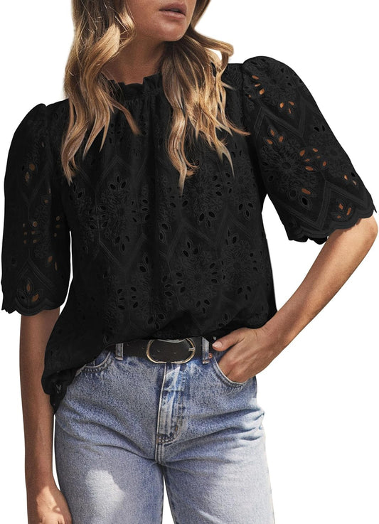 PRETTYGARDEN Summer Tops for Women 2025 Trendy Short Sleeve Eyelet Embroidered Dressy Casual Blouse Shirts