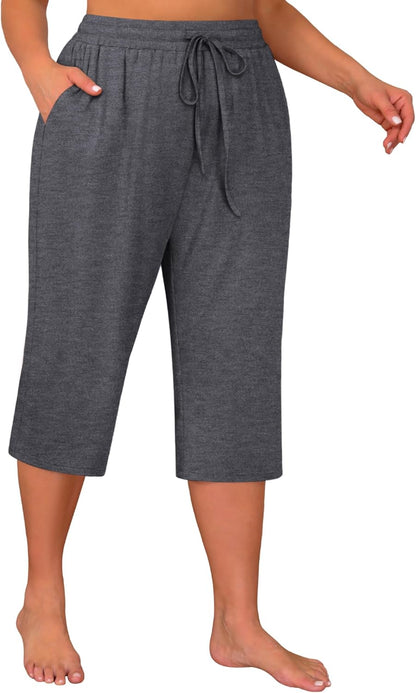 Huukeay 3 Pack Women's Plus Size Capris, Drawstring Cotton Yoga Capri Sweatpants Summer Casual Loose Cropped Pant with Pocket