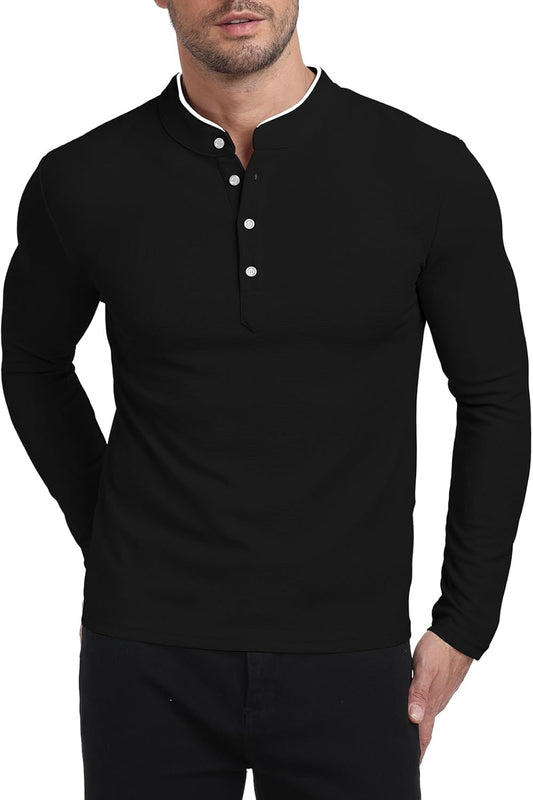 KUYIGO Men's Long Sleeve Slim Fit Mandarin Polo Shirts Waffle Button Fashion Casual Tops T-Shirt