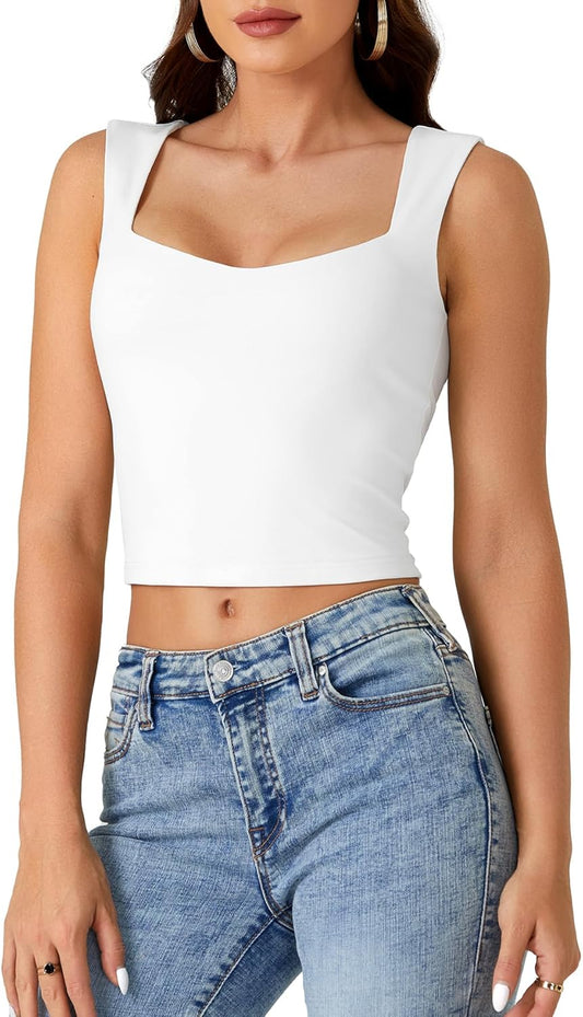 LYANER Women's Summer Crop Tops Square Neck Sleeveless Tank Top Sexy Cami Shirts White Medium
