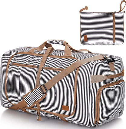 80L Large Duffle Bag for Travel, 26” Travel Duffel Bag with Shoe Compartment, Foldable Collapsible Overnight Bag Gym Bag Weekender Bags for Men Women, Water & Tear Resistant (Stripe, 80L)