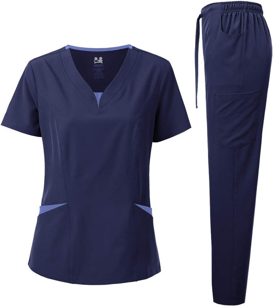 Dagacci Scrubs for Women Set – 4-Way Stretch Top and Pants Womens Scrub Sets, Contrast V-Neck and Pocket