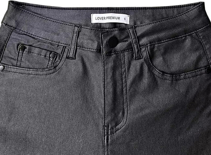 Women's Faux Leather Coated Flare Pants Mid Waist PU Skinny Black Leggings Bell Bottom Pants with Pockets