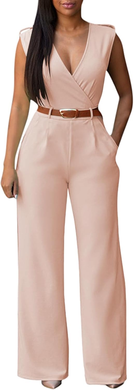 Pink Queen Jumpsuits for Women Dressy V Neck Sleeveless Wide Leg Long Pants Rompers