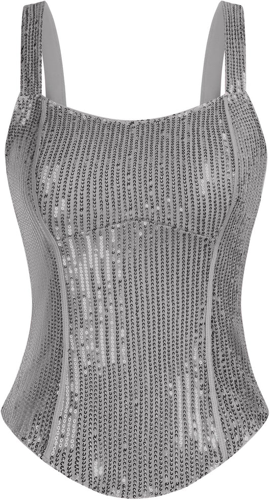 GRACE KARIN Sequin Tank Tops for Women Bustier Corset Top Sparkle Sexy Slim Camisole Sleeveless Party