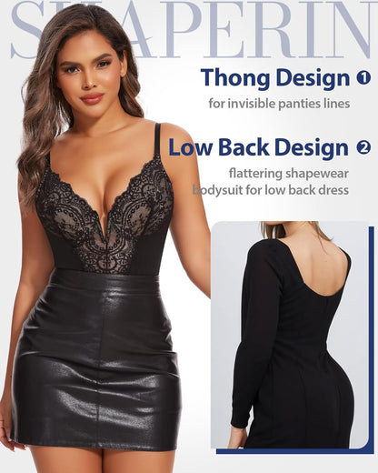SHAPERIN Sexy Lace Shapewear Bodysuit Women's Sleeveless V Neck Tummy Control Backless Thong Tank Tops Body Suit Shaper