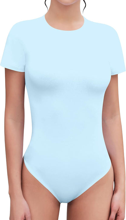 SHEIUGU Women's Crew Neck Short Sleeve Slim Fit T Shirts tops Basic Bodysuit Leotard Clothing