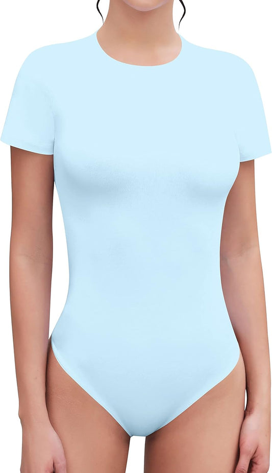 SHEIUGU Women's Crew Neck Short Sleeve Slim Fit T Shirts tops Basic Bodysuit Leotard Clothing
