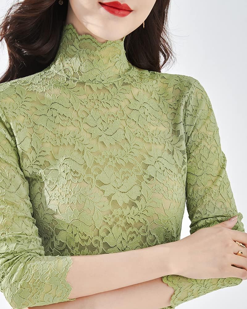 Women Floral Summer Lace Top Eyelash Trim Sexy Long Sleeves Plus Size Casual Dressy Shirt with Camisole Two Piece
