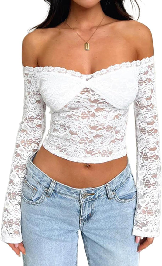 LOFAAC Women Off Shoulder Floral Lace Going Out Crop Tops Sexy Slim Long Sleeve See Through Backless Crop Blouse Shirts