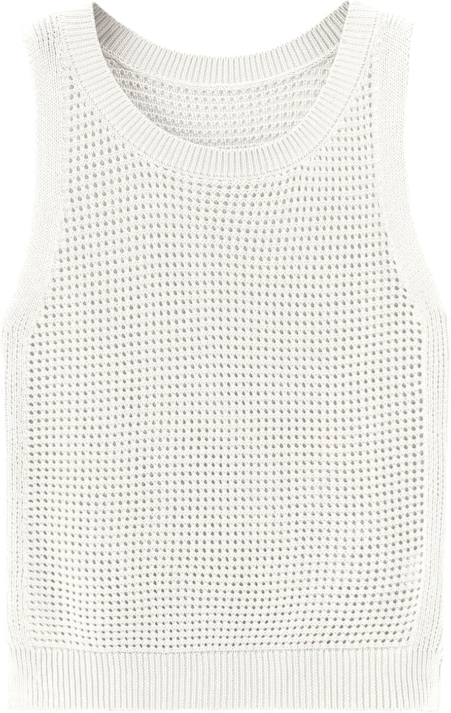 Womens Knit Sweater Vest Summer Tank Tops Round Neck Crochet Hollow Out Sleeveless Crop Top