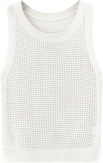 Womens Knit Sweater Vest Summer Tank Tops Round Neck Crochet Hollow Out Sleeveless Crop Top