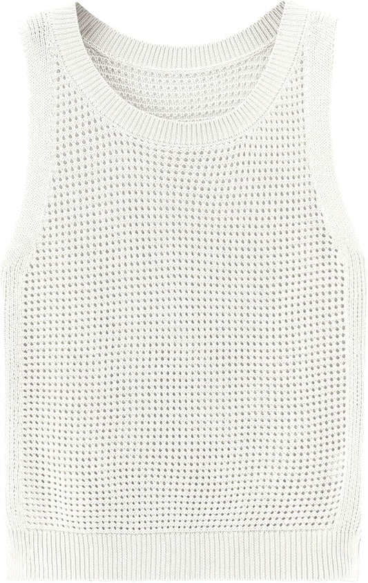 Womens Knit Sweater Vest Summer Tank Tops Round Neck Crochet Hollow Out Sleeveless Crop Top