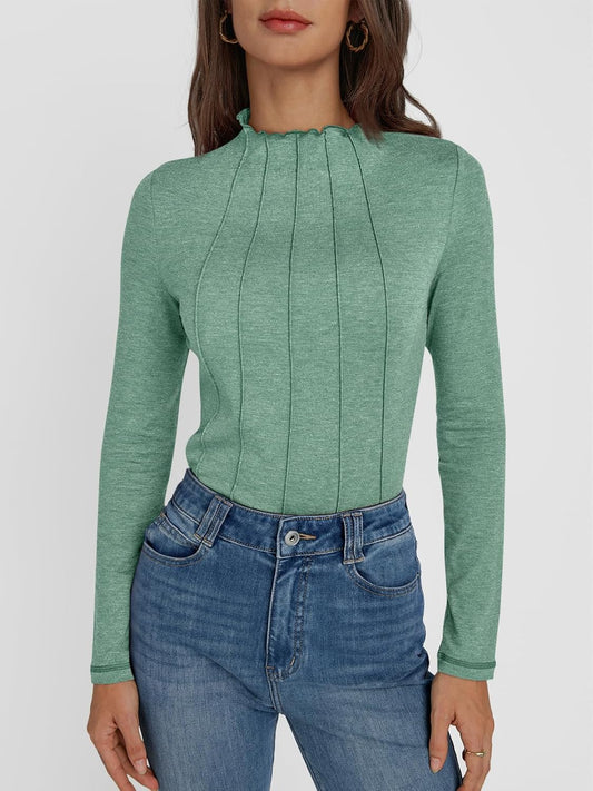 AUTOMET Pleated Long Sleeve Shirts Womens Lettuce Trim Mock Neck Blouses Casual Slim Fit Tops