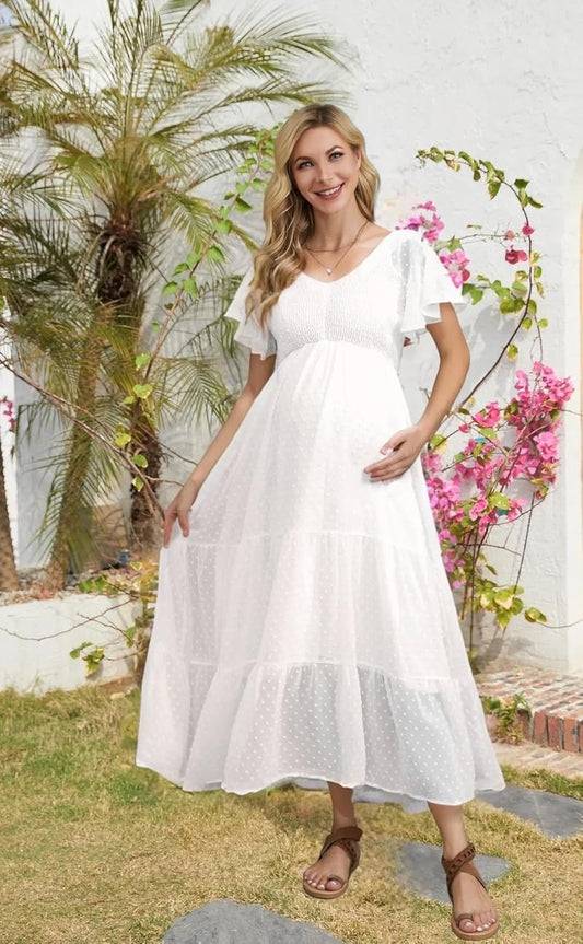 Swiss Dot Smocked Maternity Dress for Baby Shower Photoshoot Casual V Neck Ruffle Sleeve Empire Waist Tiered Boho Dress