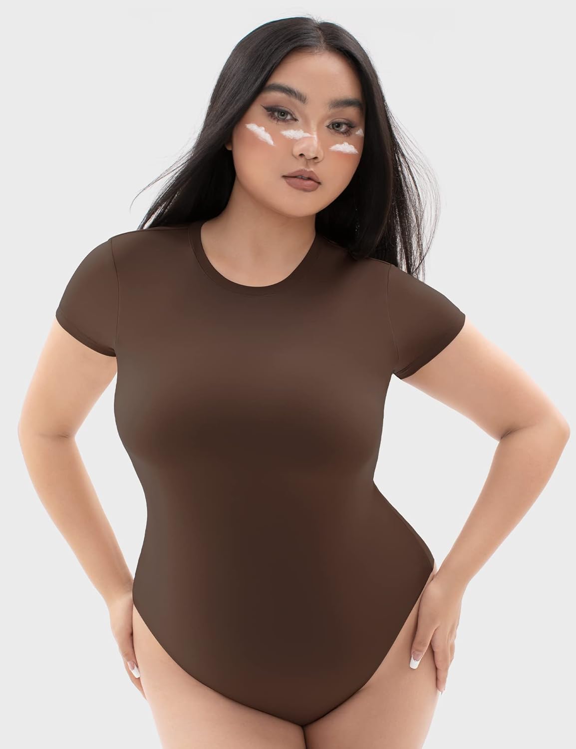 PUMIEY Women's Crew Neck Short Sleeve Thong Bodysuit Fashion T-shirt Tops Smoke Cloud Pro Collection