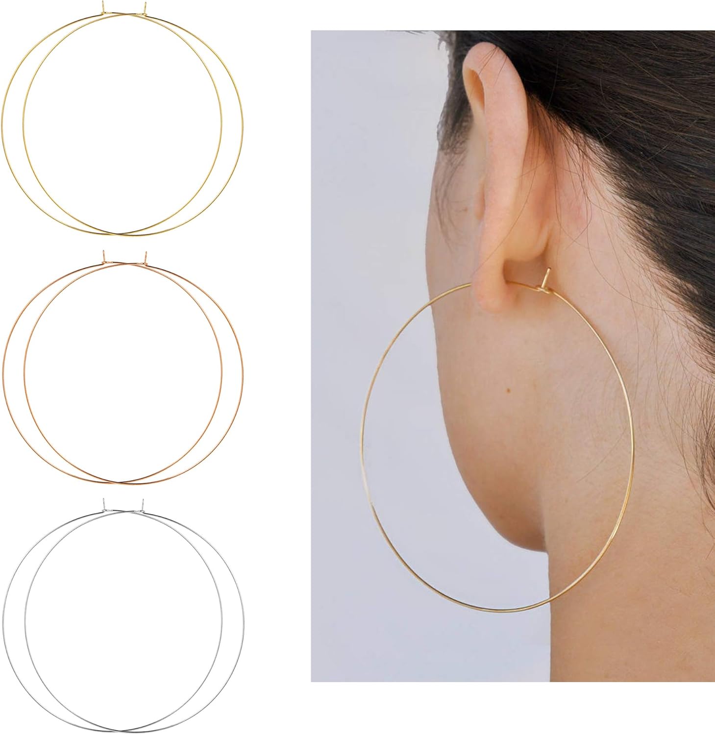 3 Pairs Thin Extra Large Hoop Earrings Set，Fashion Huge Gold Hoops 18k Gold Plated Lightweight Stainless Steel Hoops Big Geometric Round Gold Hoop Earrings Set Minimalist Jewelry for Women