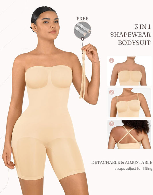 FeelinGirl Seamless Shapewear for Women Strapless Bodysuit Underwear for Wedding Dress Body Shaper Shortie with Removable Straps XXL