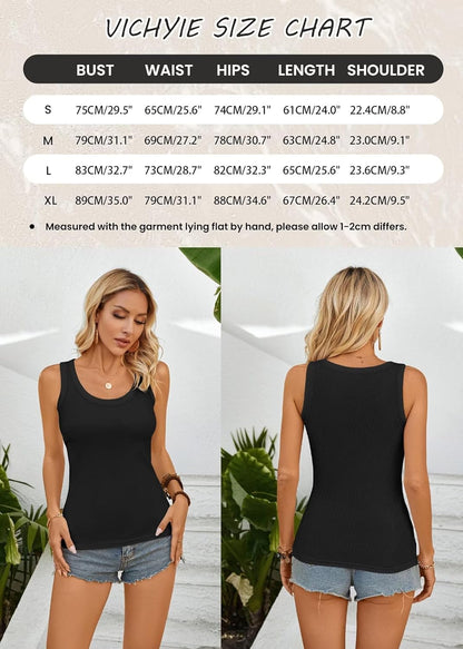 VICHYIE Womens Summer Tank Tops Crewneck Sleeveless Shirts Ribbed Tanks Slim Fitted Casual Basic Tee Shirt