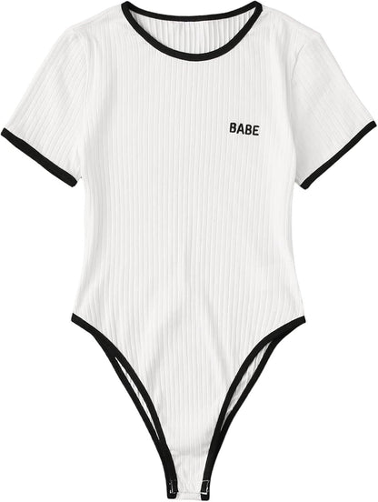 SOLY HUX Bodysuits for Women Short Sleeve Contrast Binding Letter Embroidery Bodysuit T Shirt Tops
