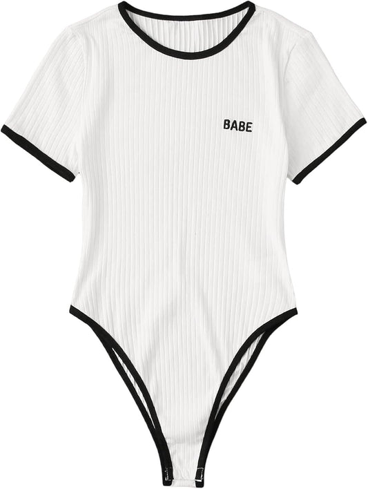 SOLY HUX Bodysuits for Women Short Sleeve Contrast Binding Letter Embroidery Bodysuit T Shirt Tops