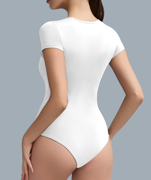 Women's Round Neck Short Sleeve Bodysuit Tops - Stretchy Casual Basic Double-Lined T-Shirt Body Suits for Women