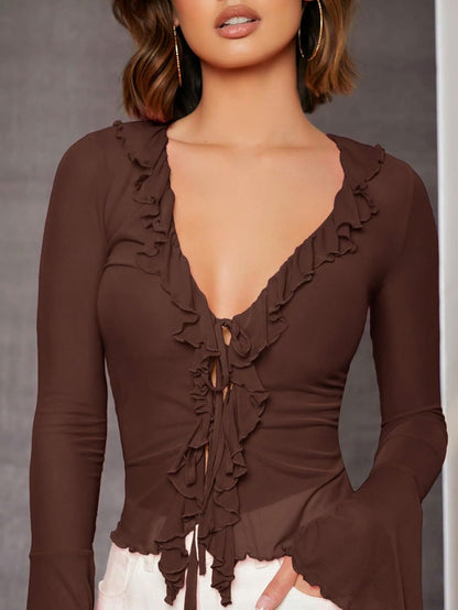 GORGLITTER Women's Sheer Mesh Tops Long Bell Sleeve Tie Front Vintage Ruffle Blouse Shirt