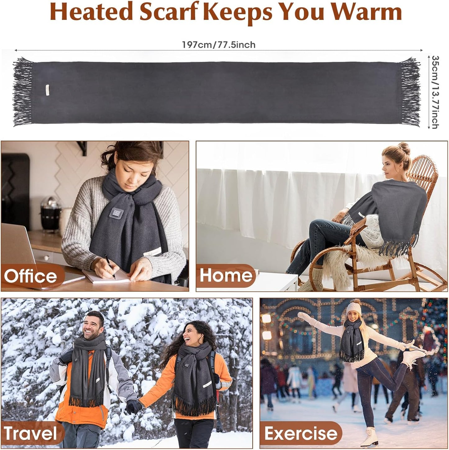 Heated Scarf for Women Rechargeable Neck Warmer, Scarves for Men Winter Warm Intelligent Electric Heating Scarf(grey)