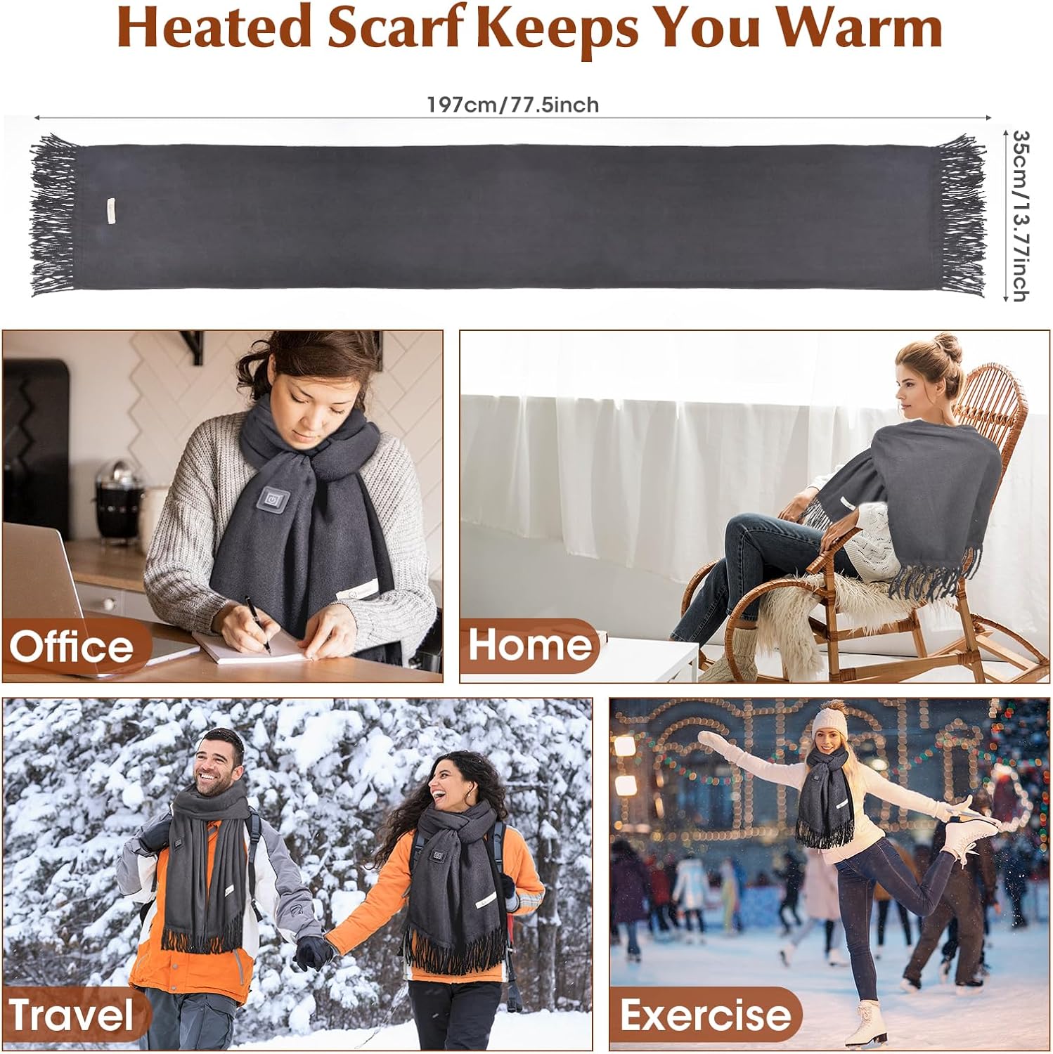 Heated Scarf for Women Rechargeable Neck Warmer, Scarves for Men Winter Warm Intelligent Electric Heating Scarf(grey)