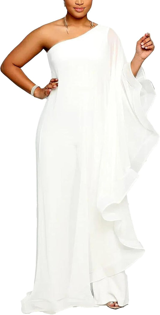 LAJIOJIO Women's One Shoulder Asymmetric Ruffle Loose Long Sleeve Elegant Jumpsuit Wide Leg Long Pants Rompers