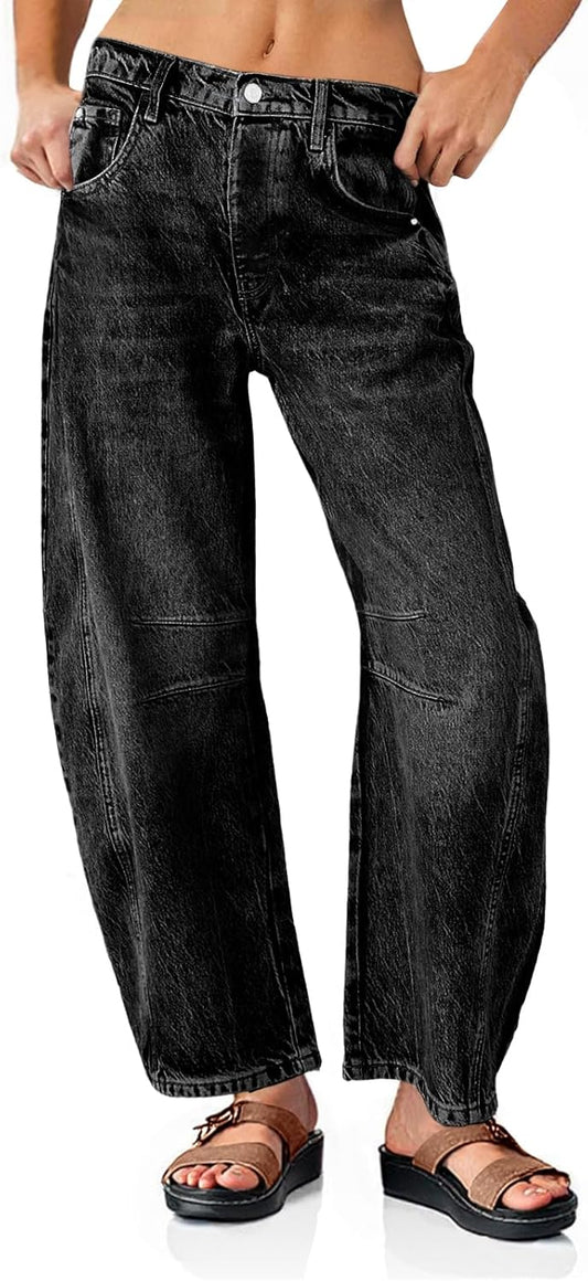 PLNOTME Women's Baggy Boyfriend Jeans Vintage Wide Leg Mid Rise Barrel Denim Ankle Pants