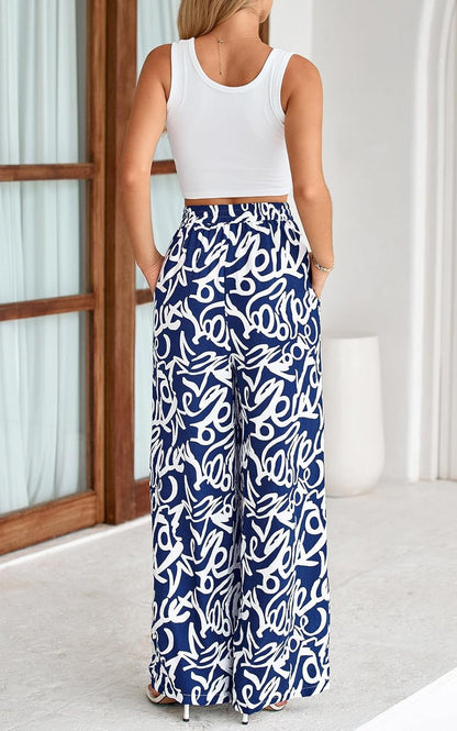 PRETTYGARDEN Womens Pants Elastic Waist Floral Lightweight Palazzo Pants for Women Casual Lounge Wide Leg Pants Woman