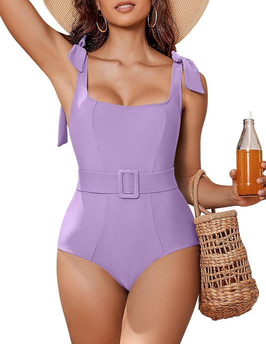 AI'MAGE Womens One Piece Swimsuit Belted 2024 Tummy Control Bathing Suits Square Neck Tie Shoulder Swim Suits Purple L