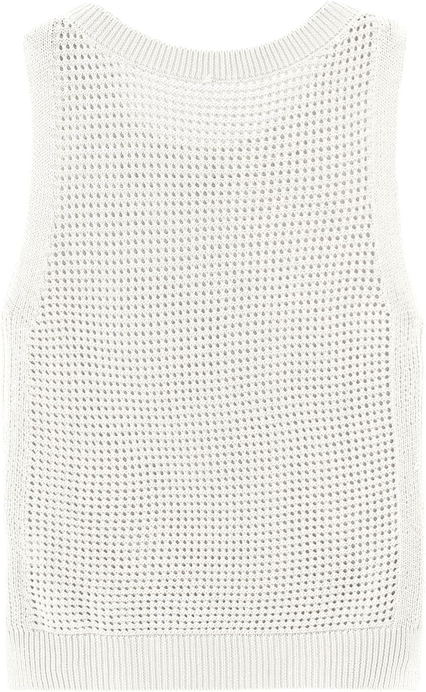 Womens Knit Sweater Vest Summer Tank Tops Round Neck Crochet Hollow Out Sleeveless Crop Top