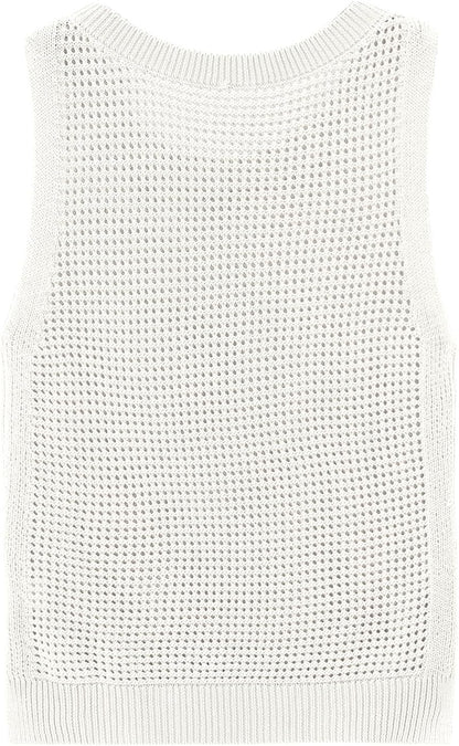 Womens Knit Sweater Vest Summer Tank Tops Round Neck Crochet Hollow Out Sleeveless Crop Top