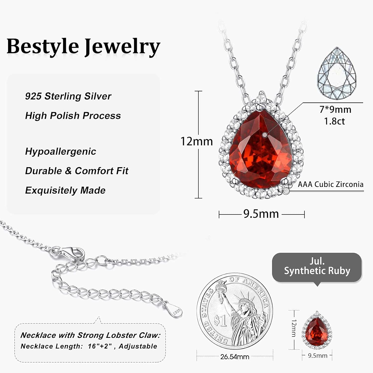 Bestyle Sparkling 925 Sterling Silver Birthstone Necklaces for Women, Created Heart/Round/Teardrop/Square Crystal Solitaire Pendant Diamond Necklace, Great Birthday/Anniversary/Wedding Gifts