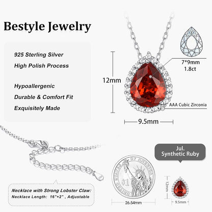 Bestyle Sparkling 925 Sterling Silver Birthstone Necklaces for Women, Created Heart/Round/Teardrop/Square Crystal Solitaire Pendant Diamond Necklace, Great Birthday/Anniversary/Wedding Gifts