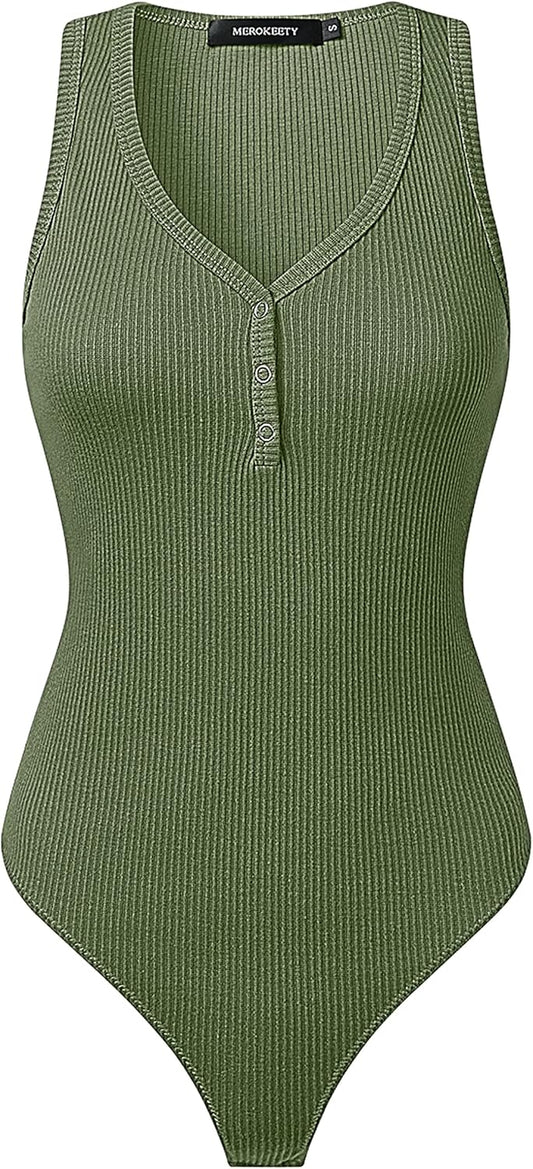 MEROKEETY Women's 2025 Ribbed Button V Neck Bodysuits Sleeveless Slim Fit Knit Body Suits